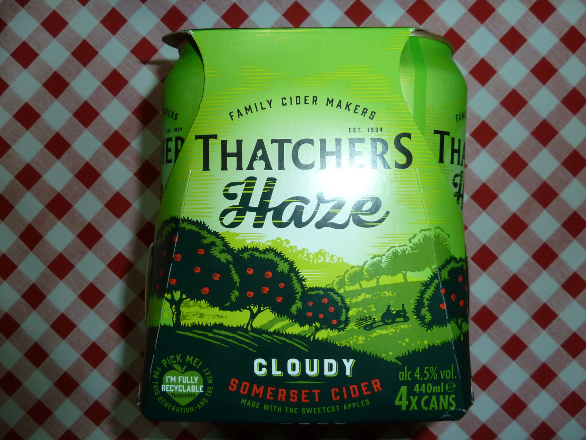 Photo of a box of Thatcher's Haze cans