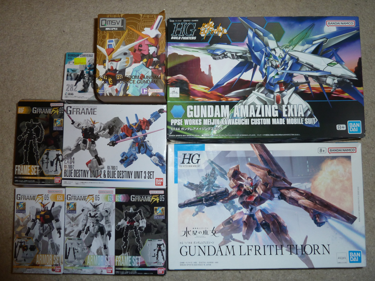 Photo of HG Gundam Amazing Exia, HG Gundam Lfrith Thorn, Converge Nero, QMSV Mini and various G Frames
